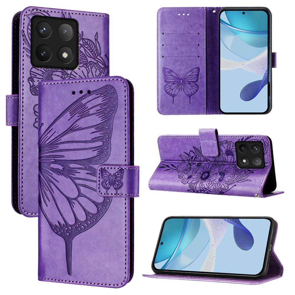 For Xiaomi 14T Pro Wallet Case with Wrist Strap Butterfly Imprint Leather Phone Cover