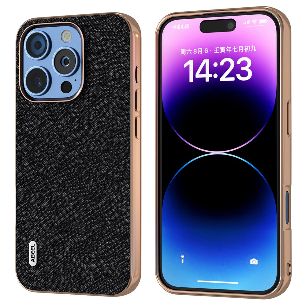 ABEEL For iPhone 16 Pro Max Case Electroplating Phone Cover Cross Texture Genuine Cow Leather+TPU Protective Case