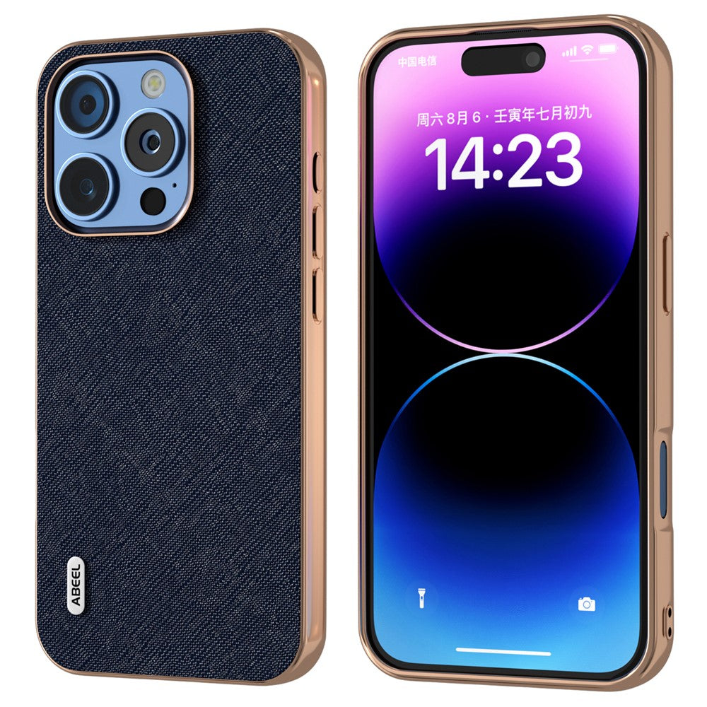 ABEEL For iPhone 16 Pro Max Case Electroplating Phone Cover Cross Texture Genuine Cow Leather+TPU Protective Case