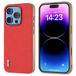ABEEL For iPhone 16 Pro Case Electroplating Phone Cover Cross Texture Genuine Cow Leather+TPU Protective Case