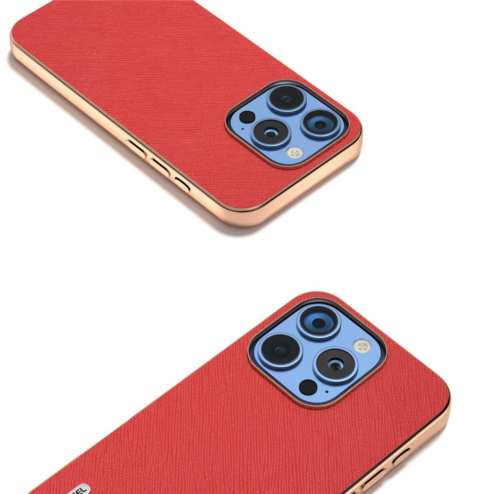 ABEEL For iPhone 16 Pro Case Electroplating Phone Cover Cross Texture Genuine Cow Leather+TPU Protective Case