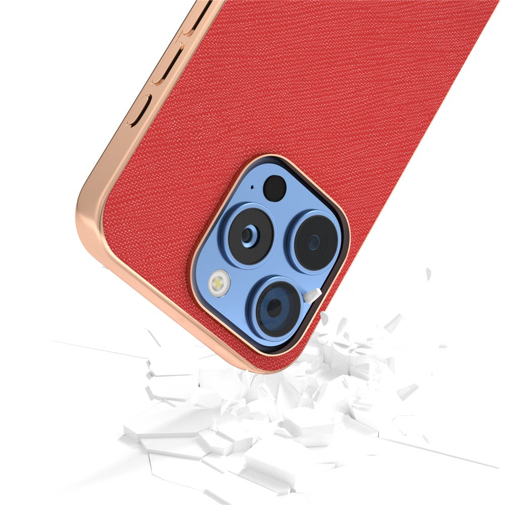 ABEEL For iPhone 16 Pro Case Electroplating Phone Cover Cross Texture Genuine Cow Leather+TPU Protective Case