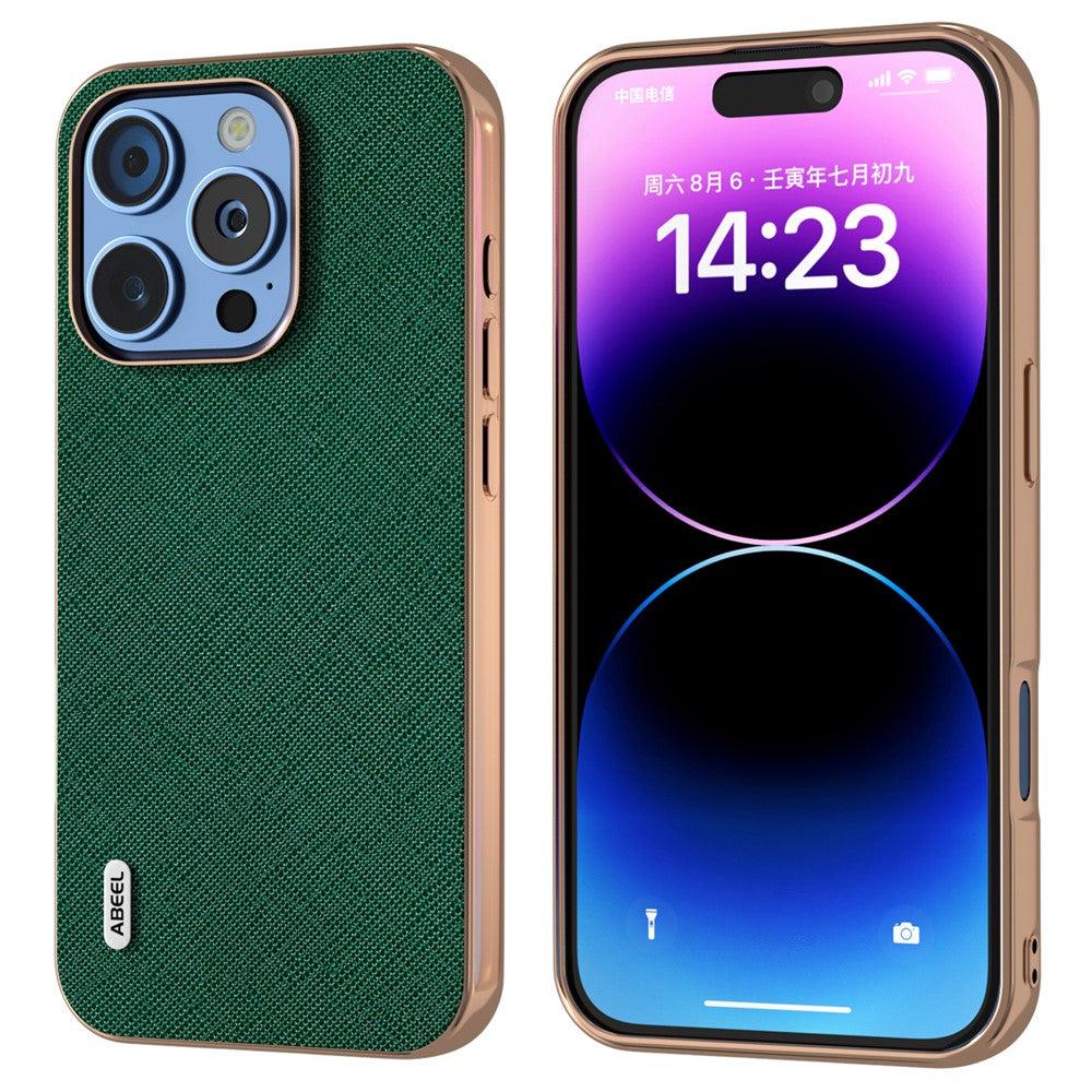 ABEEL For iPhone 16 Pro Case Electroplating Phone Cover Cross Texture Genuine Cow Leather+TPU Protective Case