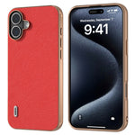 ABEEL For iPhone 16 Case Electroplating Phone Cover Cross Texture Genuine Cow Leather+TPU Protective Case