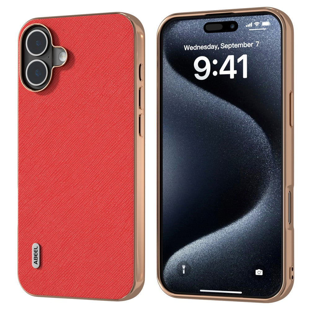ABEEL For iPhone 16 Case Electroplating Phone Cover Cross Texture Genuine Cow Leather+TPU Protective Case