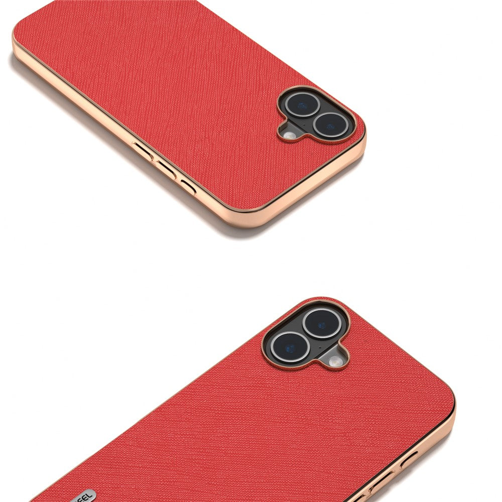 ABEEL For iPhone 16 Case Electroplating Phone Cover Cross Texture Genuine Cow Leather+TPU Protective Case