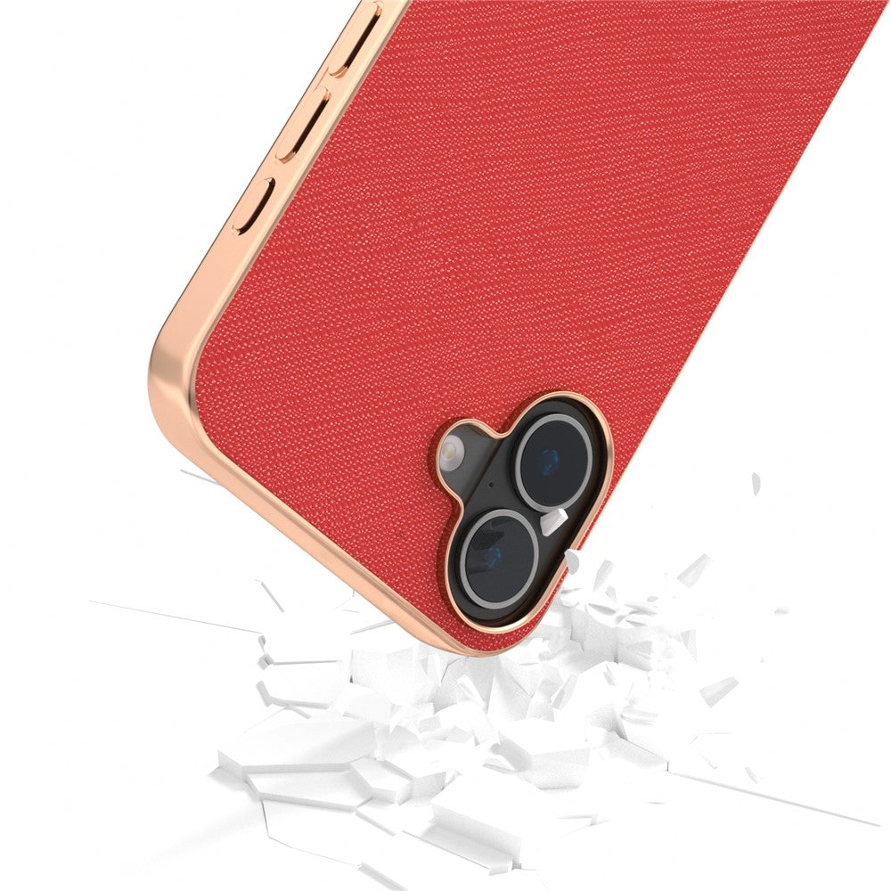 ABEEL For iPhone 16 Case Electroplating Phone Cover Cross Texture Genuine Cow Leather+TPU Protective Case