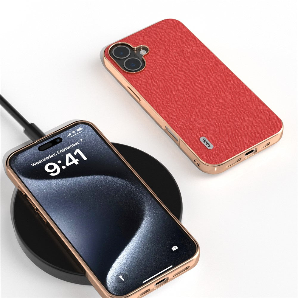 ABEEL For iPhone 16 Case Electroplating Phone Cover Cross Texture Genuine Cow Leather+TPU Protective Case