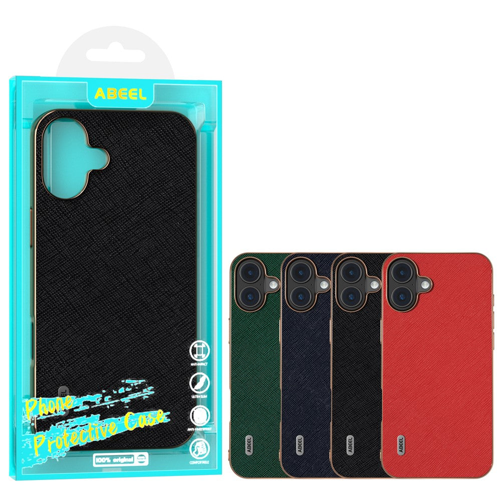 ABEEL For iPhone 16 Case Electroplating Phone Cover Cross Texture Genuine Cow Leather+TPU Protective Case