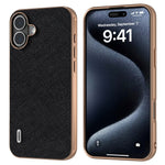 ABEEL For iPhone 16 Case Electroplating Phone Cover Cross Texture Genuine Cow Leather+TPU Protective Case