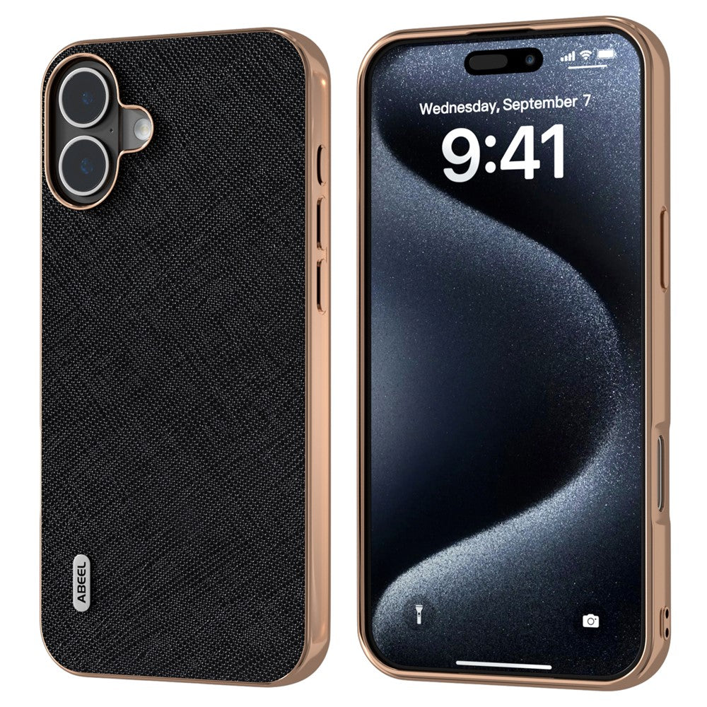 ABEEL For iPhone 16 Case Electroplating Phone Cover Cross Texture Genuine Cow Leather+TPU Protective Case