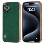 ABEEL For iPhone 16 Case Electroplating Phone Cover Cross Texture Genuine Cow Leather+TPU Protective Case