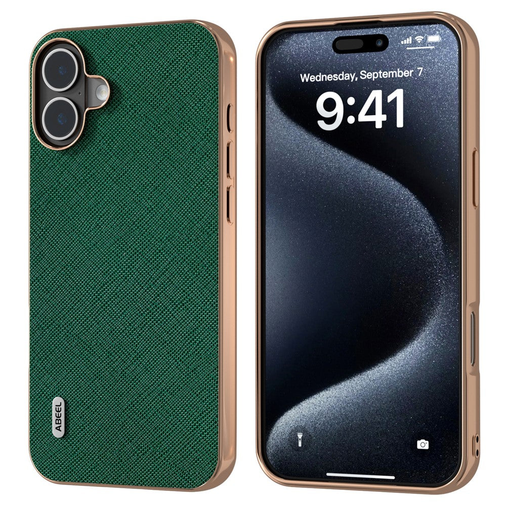 ABEEL For iPhone 16 Case Electroplating Phone Cover Cross Texture Genuine Cow Leather+TPU Protective Case