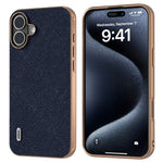 ABEEL For iPhone 16 Case Electroplating Phone Cover Cross Texture Genuine Cow Leather+TPU Protective Case