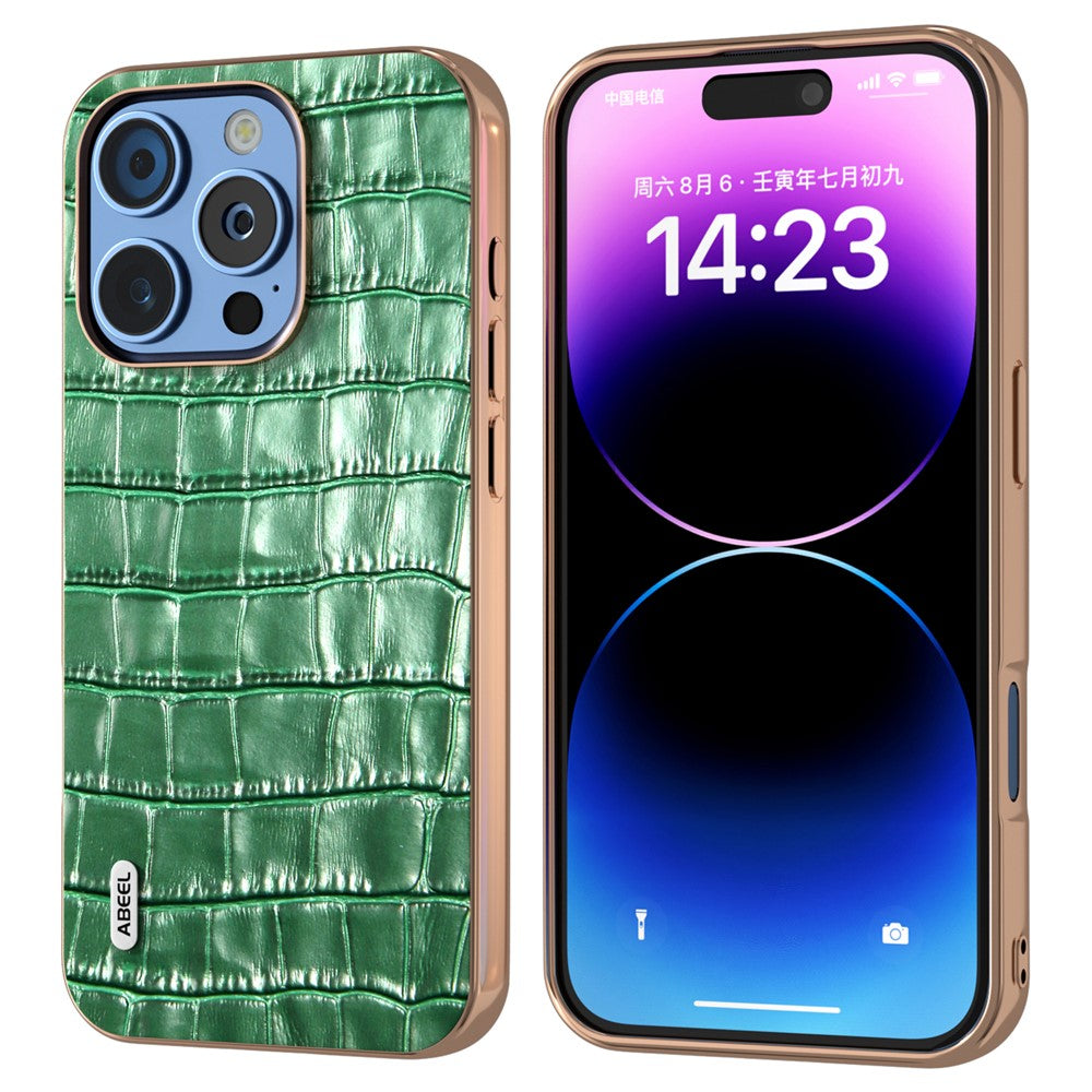 ABEEL For iPhone 16 Pro Max Case Electroplating Phone Cover Crocodile Texture Genuine Cow Leather+TPU Protective Case