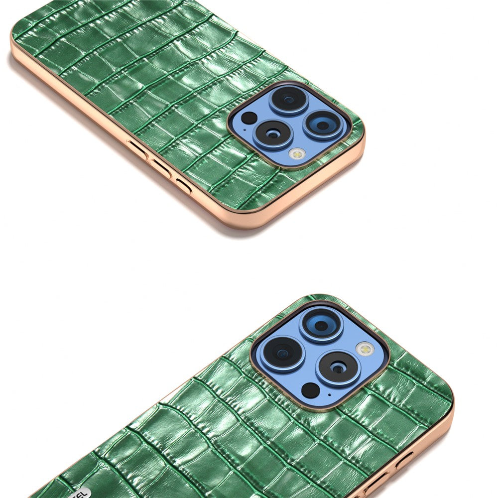 ABEEL For iPhone 16 Pro Max Case Electroplating Phone Cover Crocodile Texture Genuine Cow Leather+TPU Protective Case