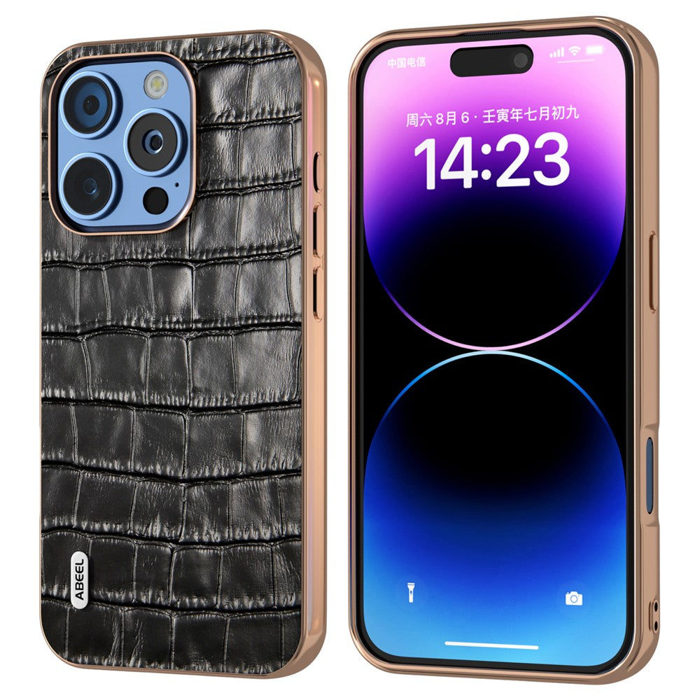 ABEEL For iPhone 16 Pro Max Case Electroplating Phone Cover Crocodile Texture Genuine Cow Leather+TPU Protective Case
