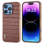 ABEEL For iPhone 16 Pro Max Case Electroplating Phone Cover Crocodile Texture Genuine Cow Leather+TPU Protective Case