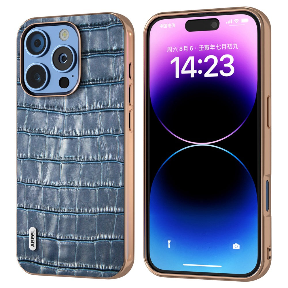 ABEEL For iPhone 16 Pro Max Case Electroplating Phone Cover Crocodile Texture Genuine Cow Leather+TPU Protective Case
