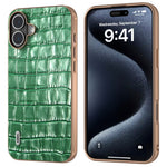 ABEEL For iPhone 16 Case Electroplating Phone Cover Crocodile Texture Genuine Cow Leather+TPU Protective Case