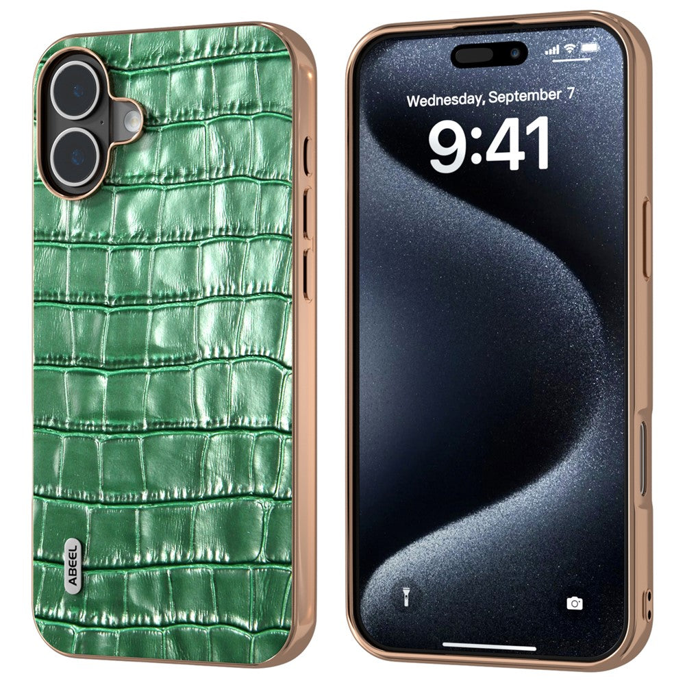 ABEEL For iPhone 16 Case Electroplating Phone Cover Crocodile Texture Genuine Cow Leather+TPU Protective Case