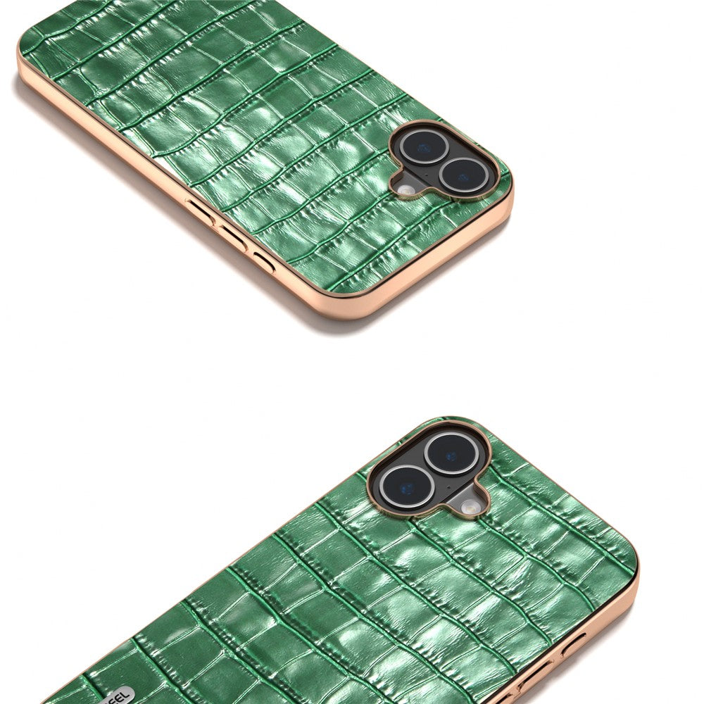 ABEEL For iPhone 16 Case Electroplating Phone Cover Crocodile Texture Genuine Cow Leather+TPU Protective Case