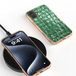 ABEEL For iPhone 16 Case Electroplating Phone Cover Crocodile Texture Genuine Cow Leather+TPU Protective Case