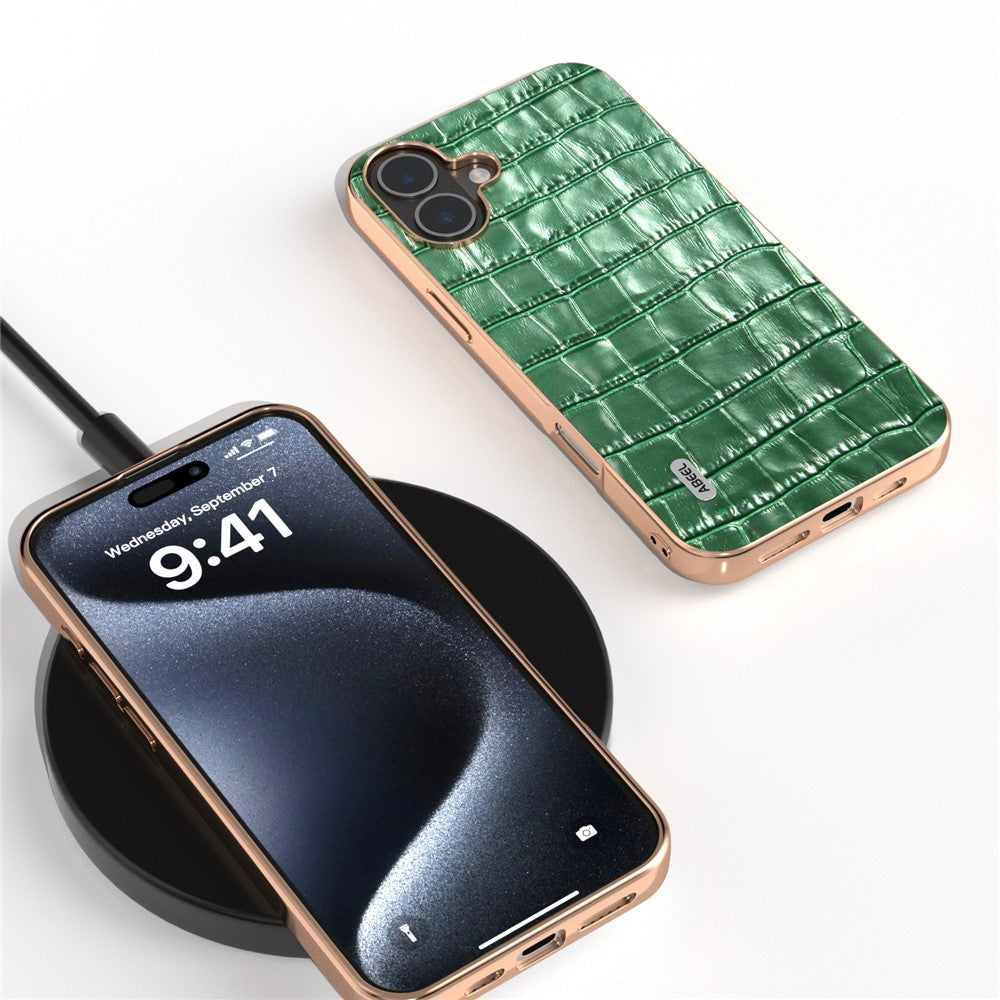 ABEEL For iPhone 16 Case Electroplating Phone Cover Crocodile Texture Genuine Cow Leather+TPU Protective Case