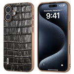 ABEEL For iPhone 16 Case Electroplating Phone Cover Crocodile Texture Genuine Cow Leather+TPU Protective Case