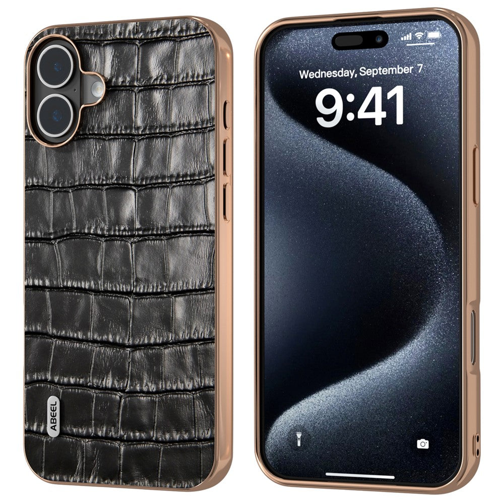 ABEEL For iPhone 16 Case Electroplating Phone Cover Crocodile Texture Genuine Cow Leather+TPU Protective Case