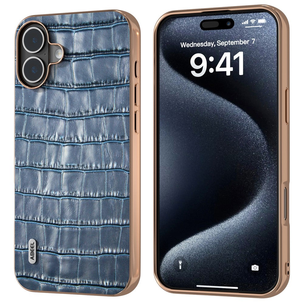 ABEEL For iPhone 16 Case Electroplating Phone Cover Crocodile Texture Genuine Cow Leather+TPU Protective Case