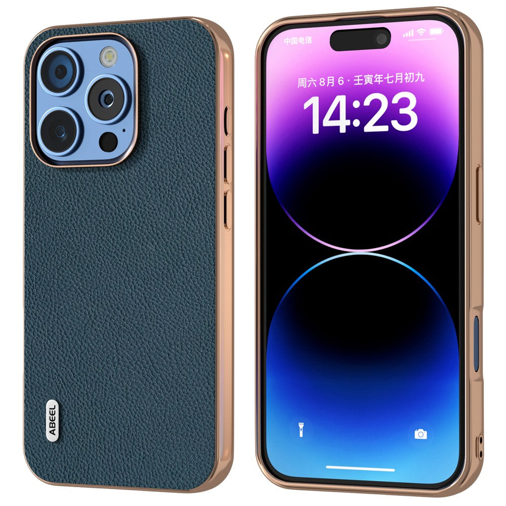 ABEEL For iPhone 16 Pro Max Case Electroplating Phone Cover Horizon Series Genuine Cow Leather+TPU Protective Case