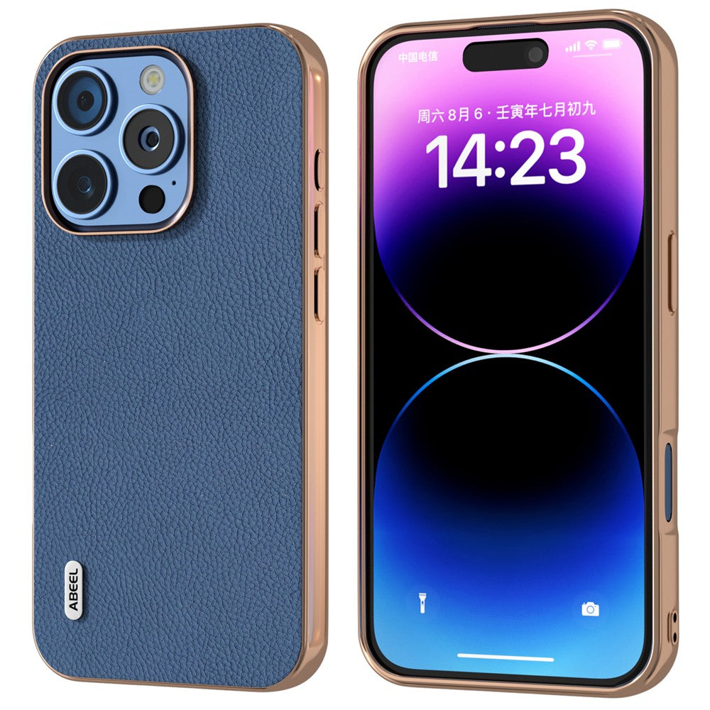 ABEEL For iPhone 16 Pro Max Case Electroplating Phone Cover Horizon Series Genuine Cow Leather+TPU Protective Case