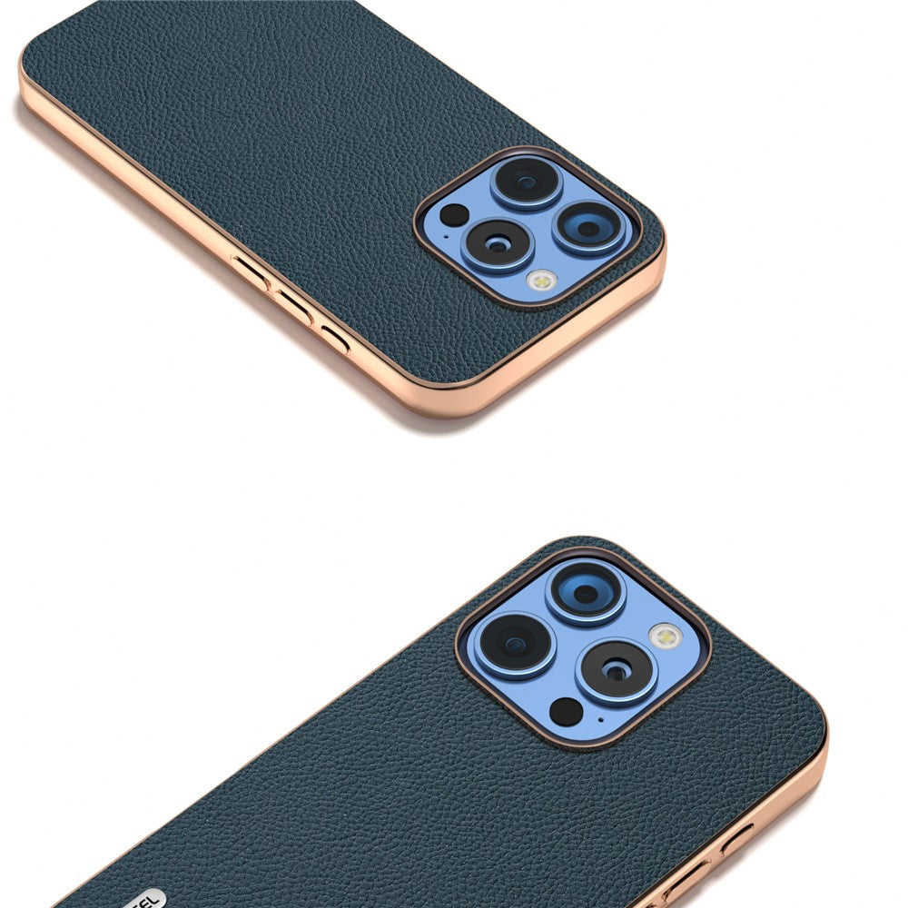 ABEEL For iPhone 16 Pro Case Electroplating Phone Cover Horizon Series Genuine Cow Leather+TPU Protective Case