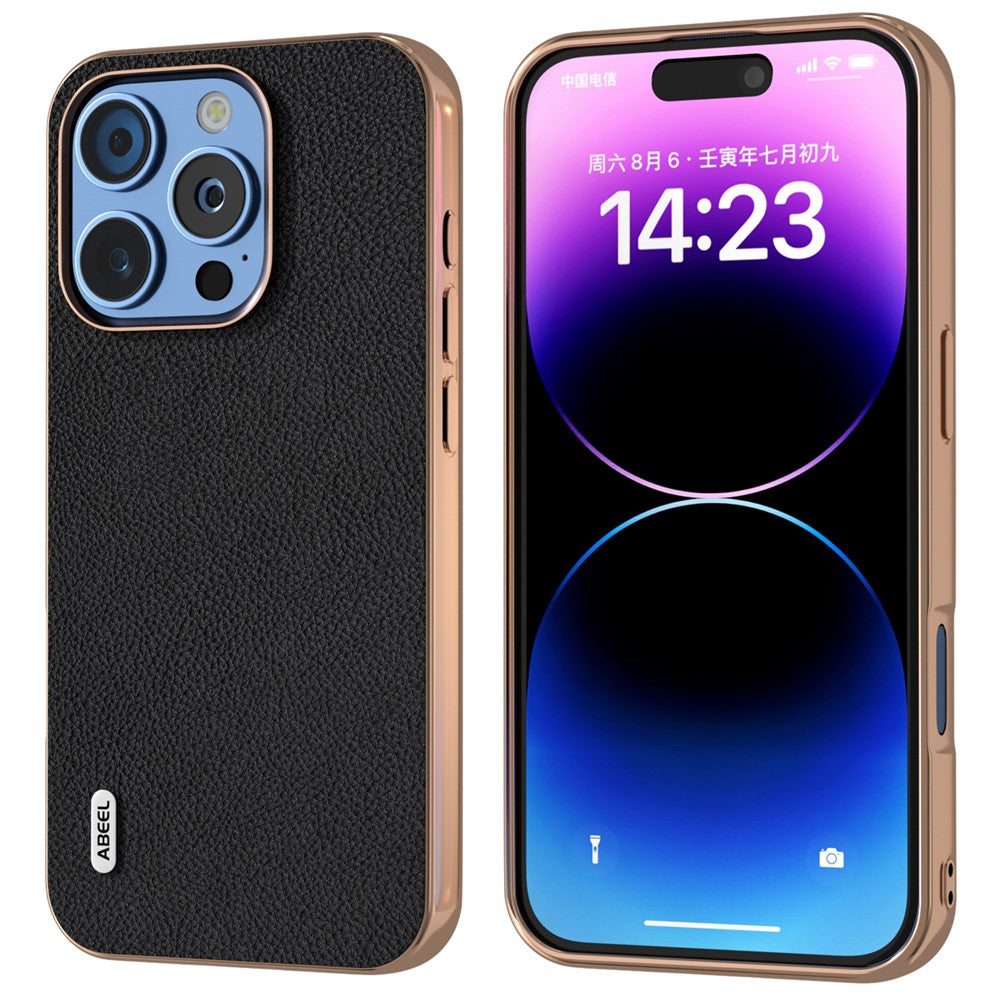 ABEEL For iPhone 16 Pro Case Electroplating Phone Cover Horizon Series Genuine Cow Leather+TPU Protective Case