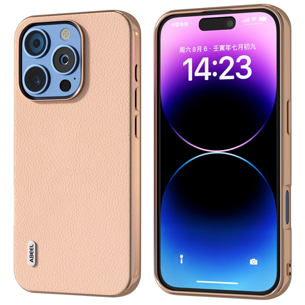 ABEEL For iPhone 16 Pro Case Electroplating Phone Cover Horizon Series Genuine Cow Leather+TPU Protective Case