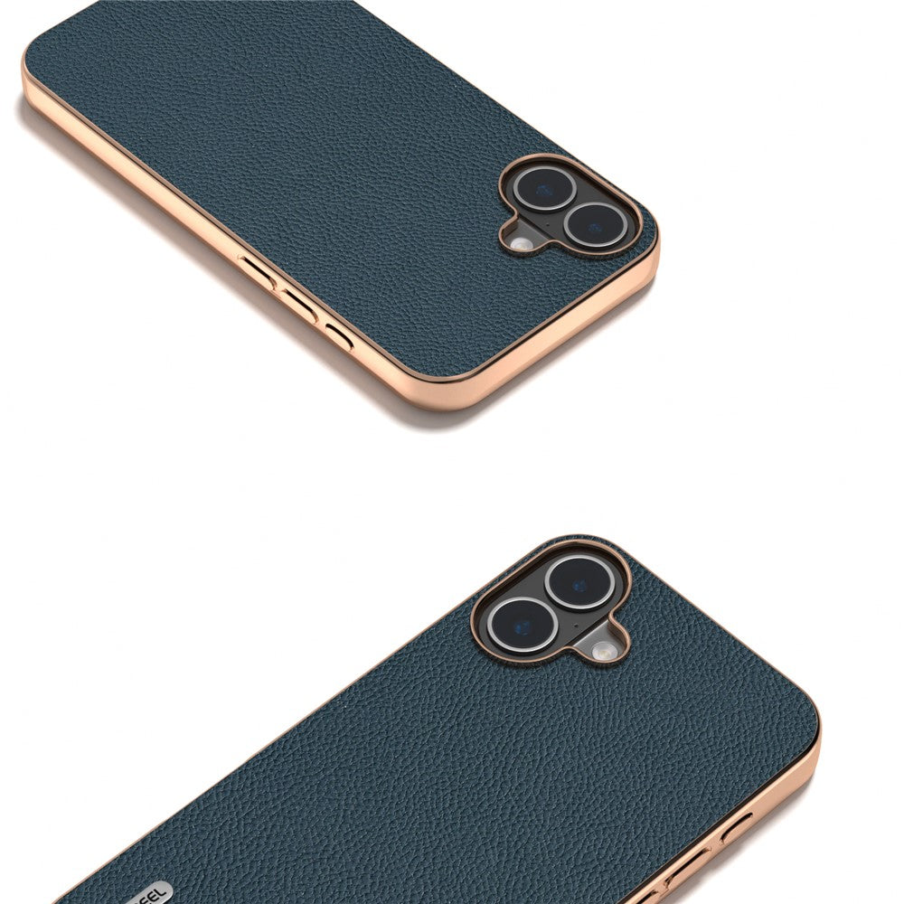 ABEEL For iPhone 16 Case Electroplating Phone Cover Horizon Series Genuine Cow Leather+TPU Protective Case