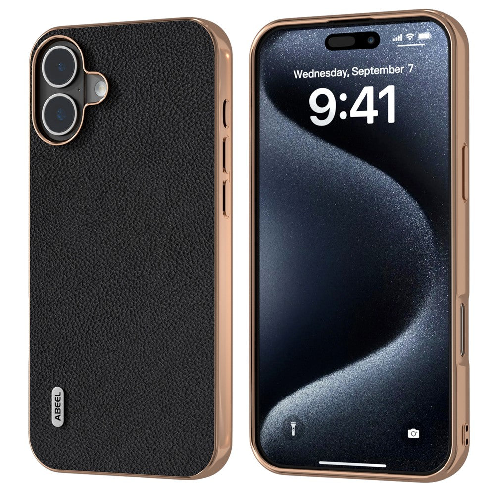 ABEEL For iPhone 16 Case Electroplating Phone Cover Horizon Series Genuine Cow Leather+TPU Protective Case