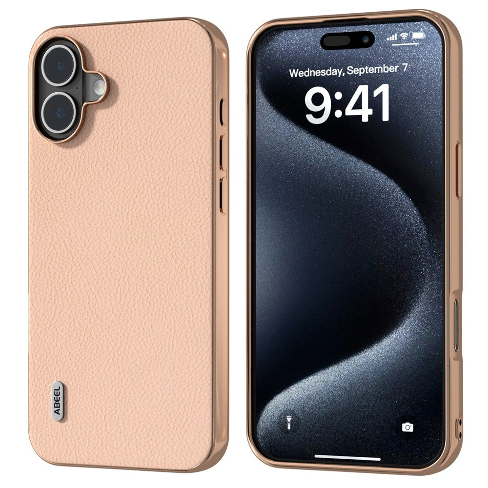 ABEEL For iPhone 16 Case Electroplating Phone Cover Horizon Series Genuine Cow Leather+TPU Protective Case