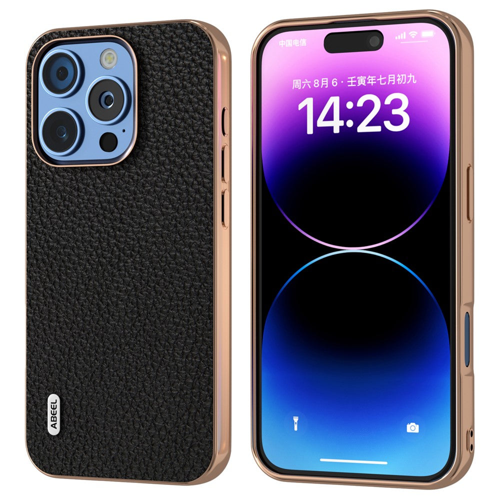 ABEEL For iPhone 16 Pro Max Case Electroplating Phone Cover Star Series Genuine Cow Leather+TPU Protective Case