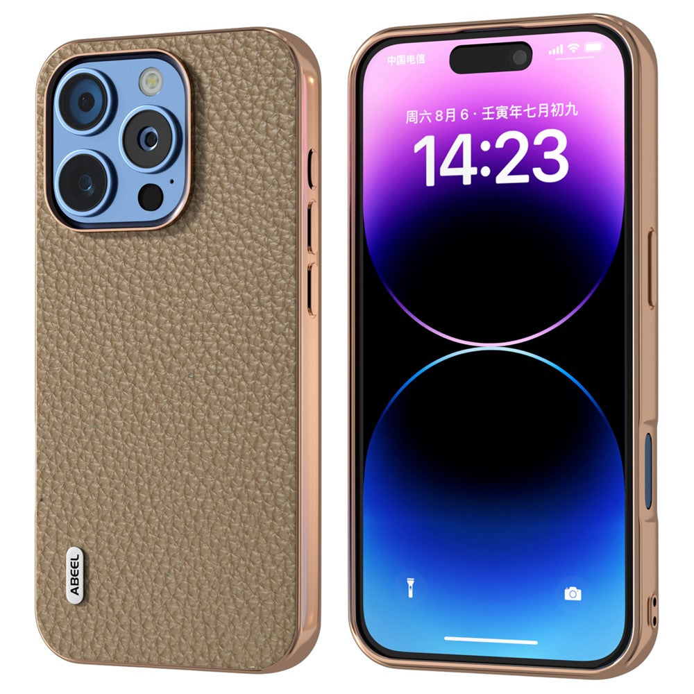 ABEEL For iPhone 16 Pro Max Case Electroplating Phone Cover Star Series Genuine Cow Leather+TPU Protective Case
