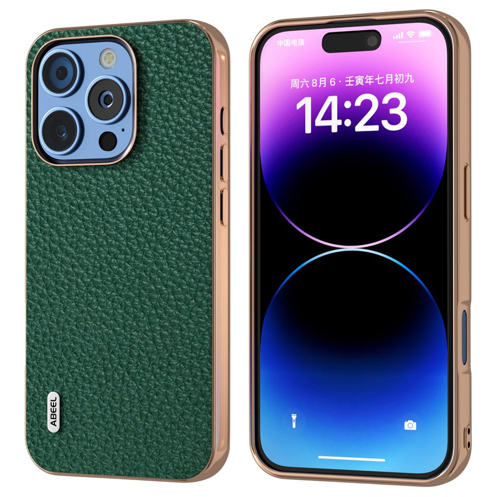 ABEEL For iPhone 16 Pro Max Case Electroplating Phone Cover Star Series Genuine Cow Leather+TPU Protective Case