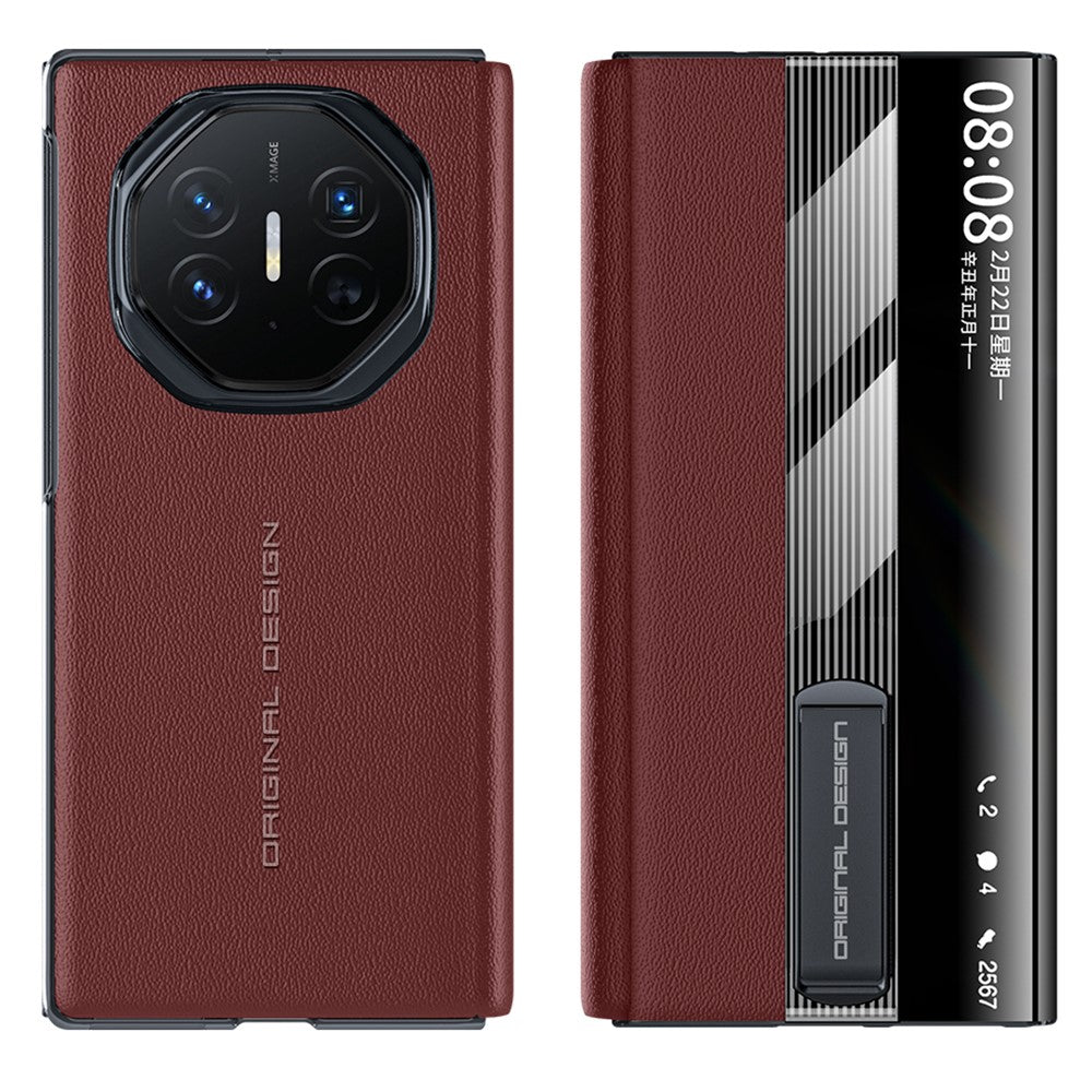 For Huawei Mate XT Ultimate Case Kickstand View Window Genuine Cow Leather+PC Phone Cover
