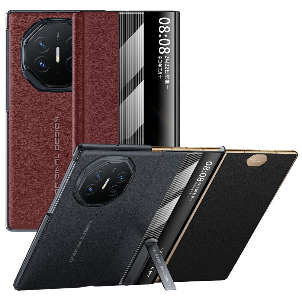 For Huawei Mate XT Ultimate Case Kickstand View Window Genuine Cow Leather+PC Phone Cover