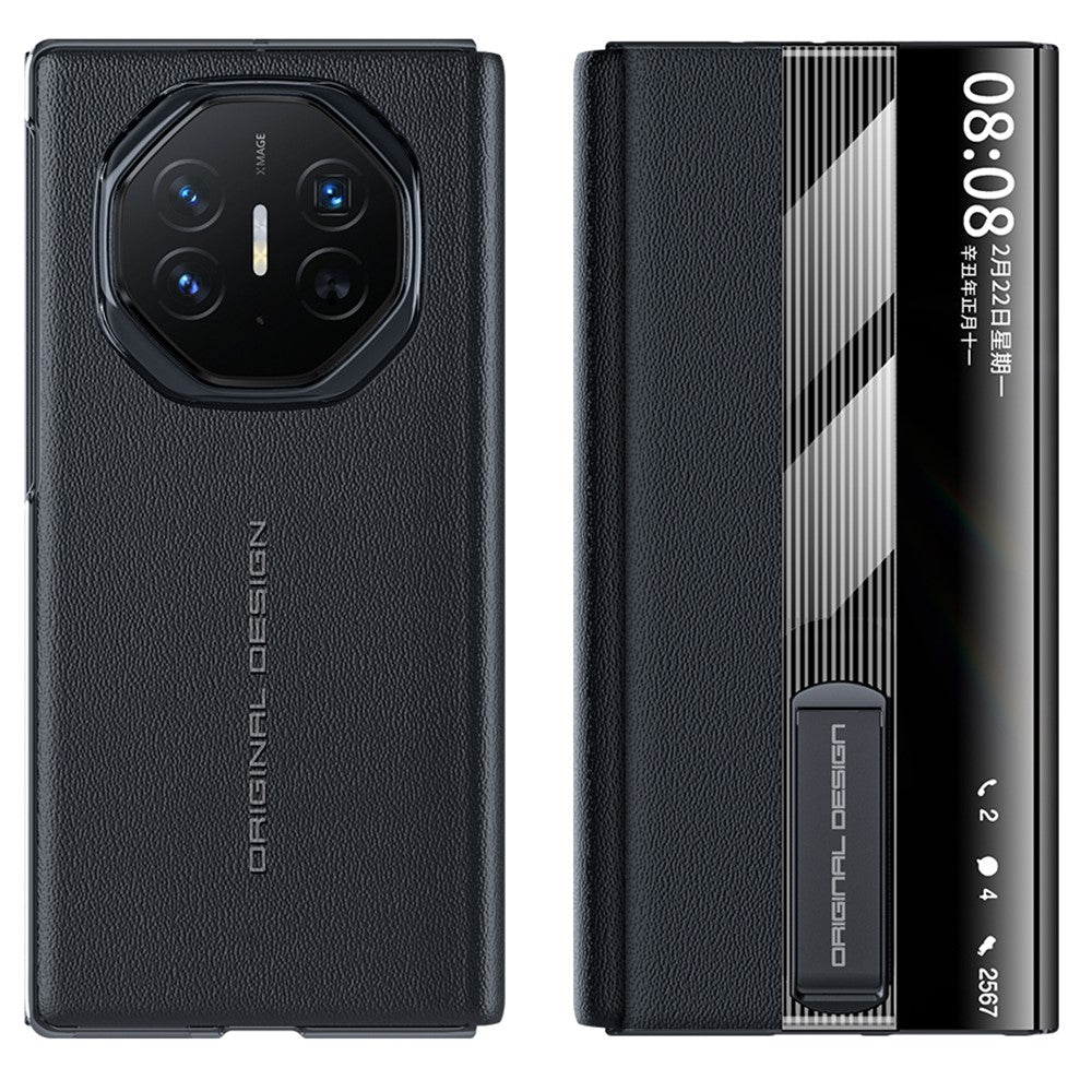 For Huawei Mate XT Ultimate Case Kickstand View Window Genuine Cow Leather+PC Phone Cover