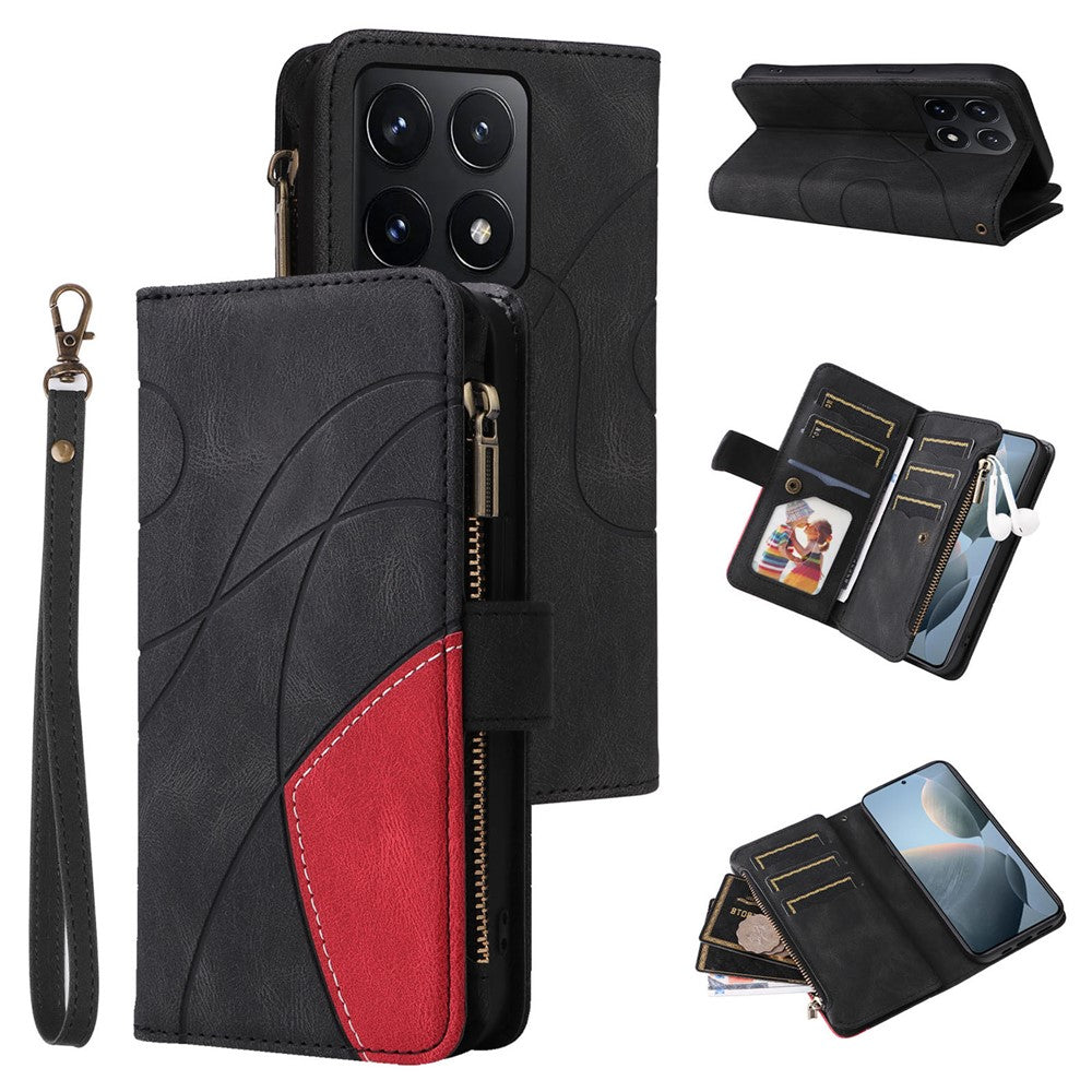 For Xiaomi 14T Leather Case with Strap Zipper 9 Card Slot Phone Cover Stand