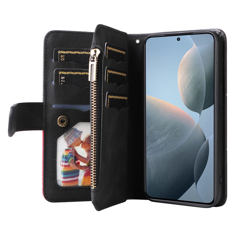 For Xiaomi 14T Leather Case with Strap Zipper 9 Card Slot Phone Cover Stand