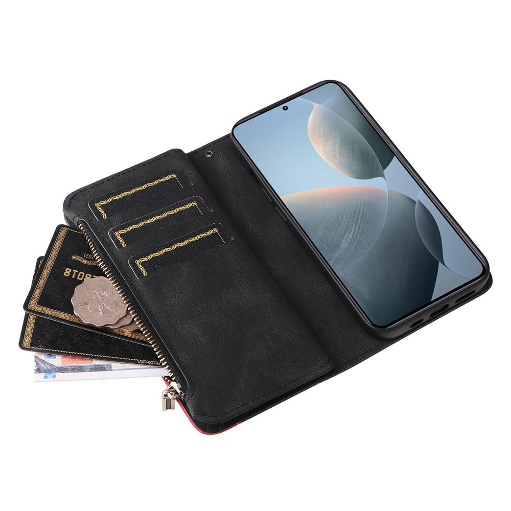 For Xiaomi 14T Leather Case with Strap Zipper 9 Card Slot Phone Cover Stand