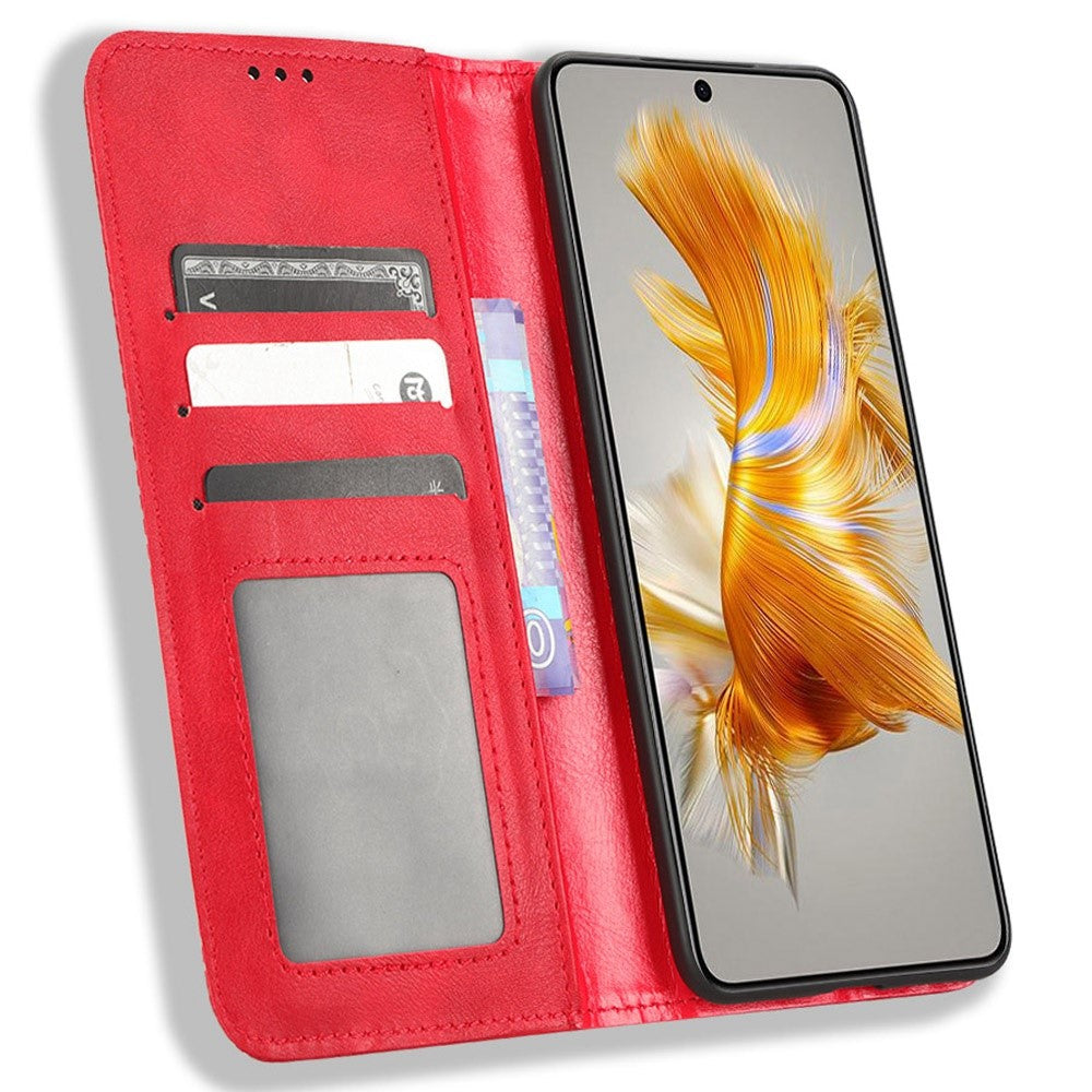 Huawei Mate 50 4G Vintage Texture Magnetiskt Autoabsorberande Heltäckande Förpackat PU-läderfodral Plånboksfodral med Stativ