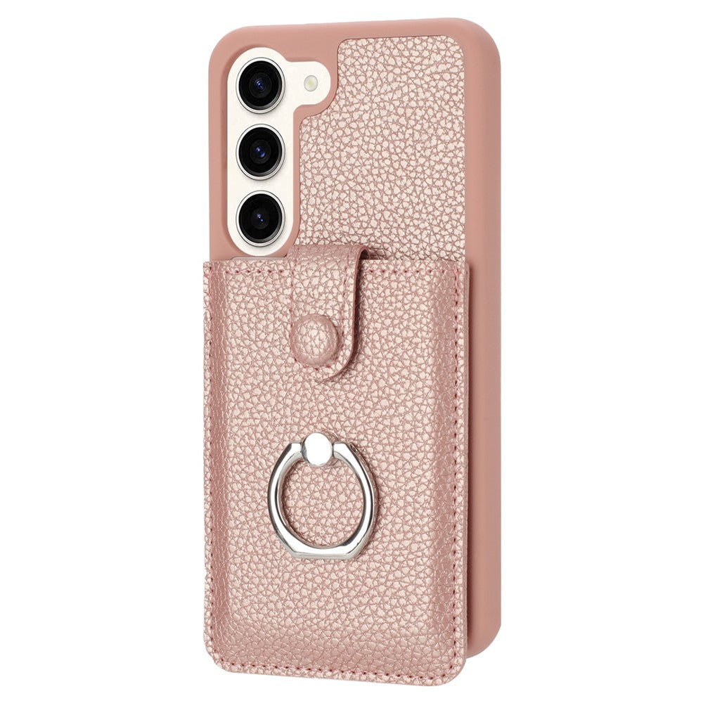 For Samsung Galaxy S23+ Case Drawing Type Card Slots Litchi Texture Leather Back Cover with Ring Kickstand